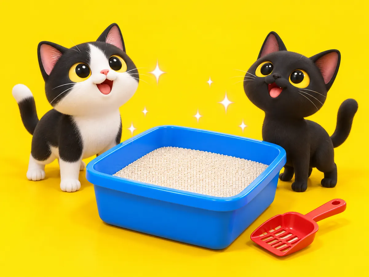 3DCG風のイラスト。掃除したばかりの青い猫トイレのそばで、ハチワレと黒猫のキャラクターがうれしそうに見上げている。