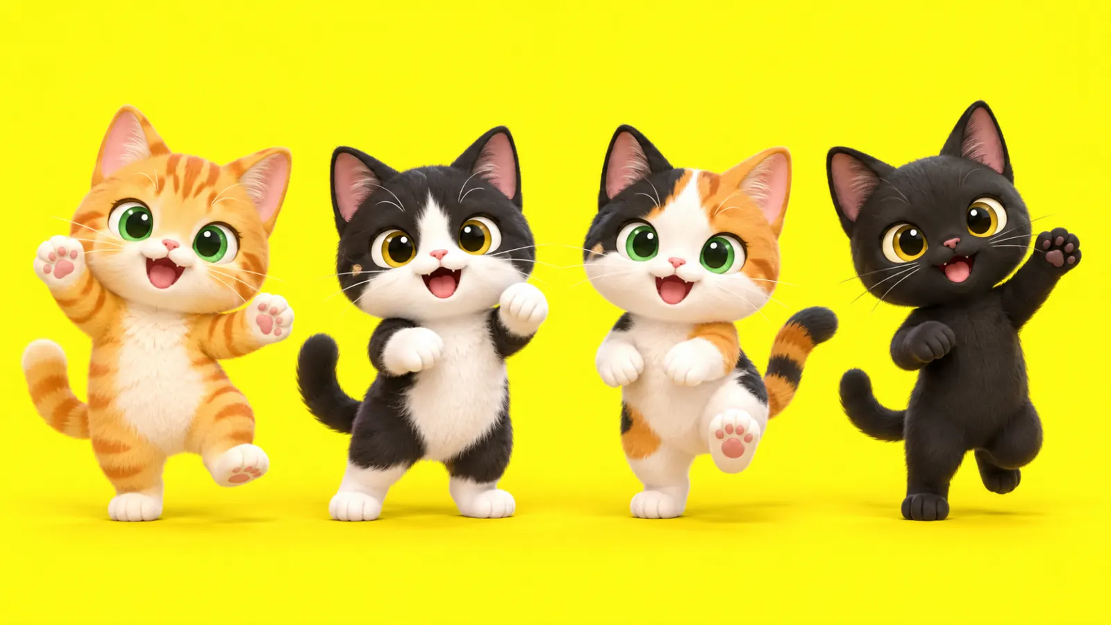 3DCG風の猫キャラクター4匹が、黄色い背景の前に横一列に並んでいる。左から茶トラ、ハチワレ、三毛、黒猫。