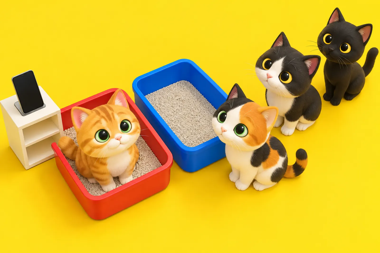 3DCG風のイラスト。赤い猫トイレに茶トラが入り、青い猫トイレの前で三毛、ハチワレ、黒猫が順番を待っている。横の棚には画面の暗いスマホが立てかけてある。